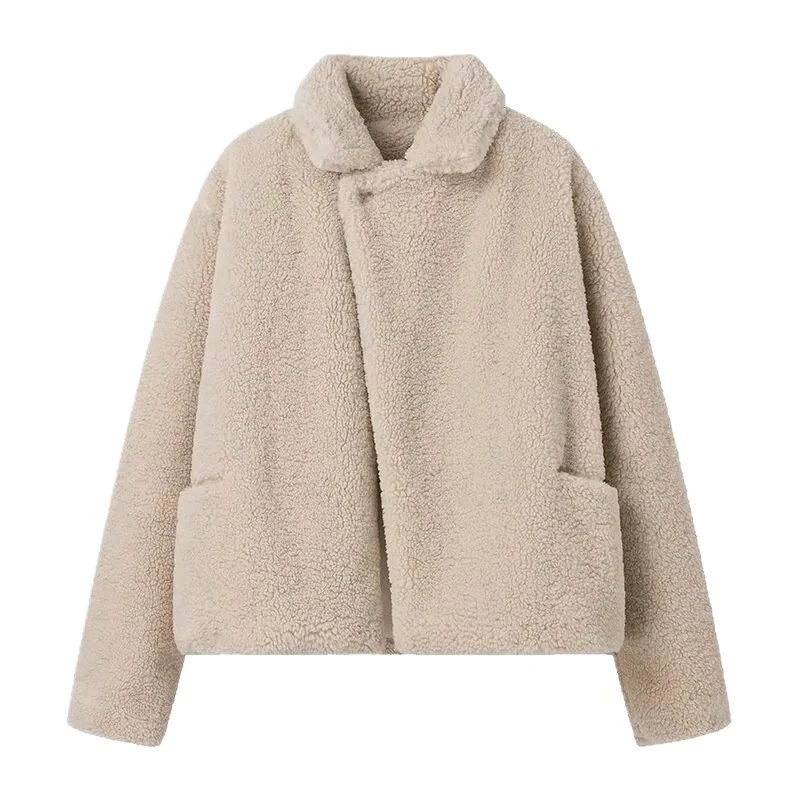 Damen Kurz geschnittene Teddyjacke im Lammfell‑Look mit Oversize‑Reverskragen Drune
