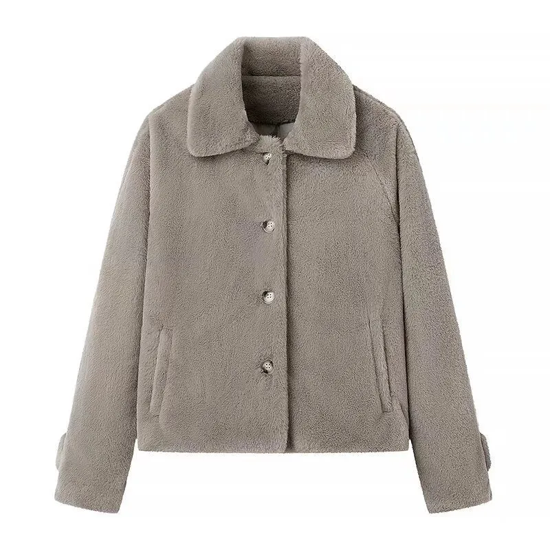 Damen Kurz geschnittene Teddy‑Fleecejacke mit Hemdkragen, verdeckter Knopfleiste und Eingrifftaschen Drune