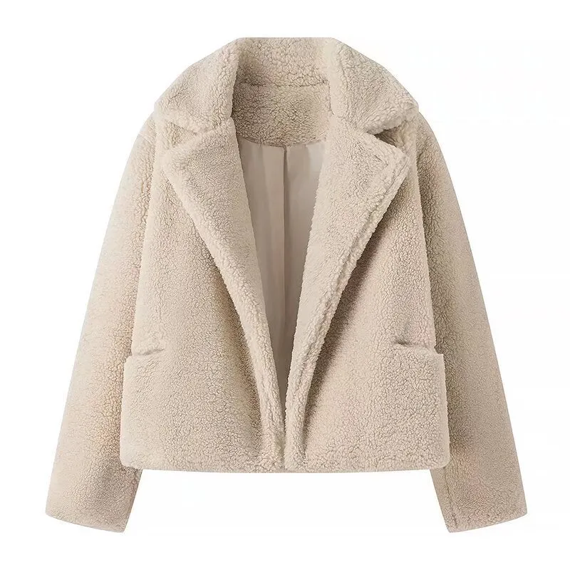 Damen Kurz geschnittene Teddy‑Boxyjacke mit Schalkragen und praktischen Eingrifftaschen Drune