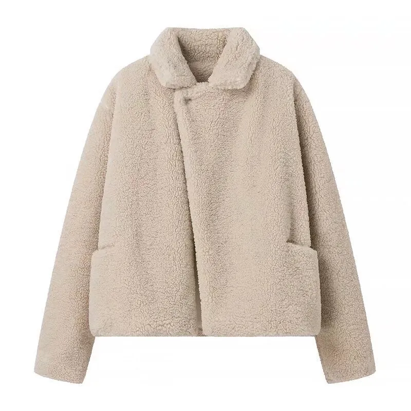Damen Kurz geschnittene Teddy‑Boxyjacke mit Schalkragen und praktischen Eingrifftaschen Drune