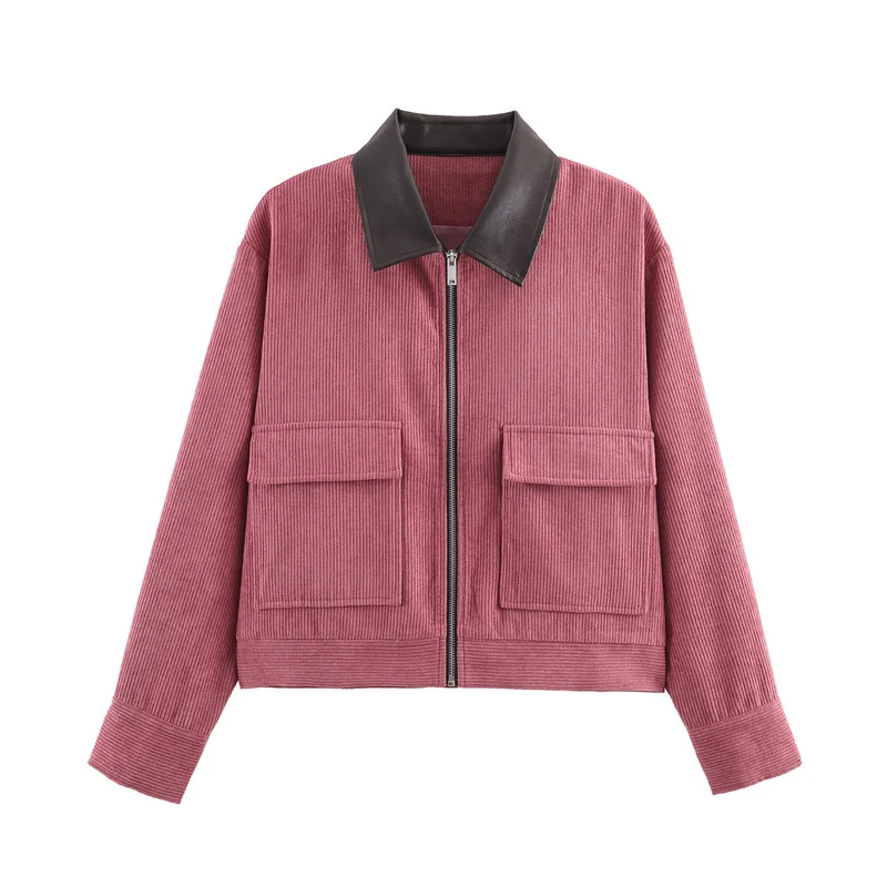 Damen Kurz geschnittene Rippenstrickjacke mit Kontrastkragen, aufgesetzten Taschen und Reißverschluss Drune