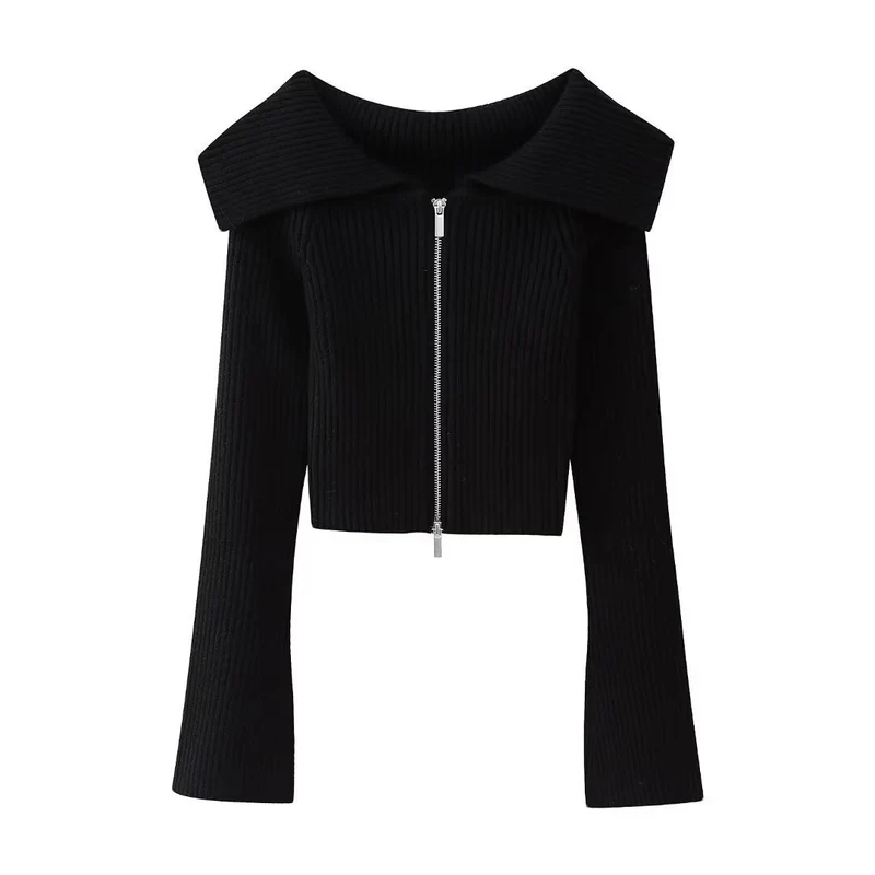 Damen Kurz geschnittene Rippenstrick-Jacke mit weitem Carmenkragen und durchgehendem Reißverschluss Drune