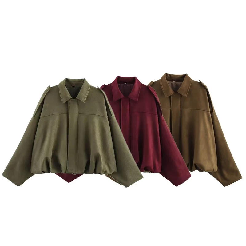 Damen Kurz geschnittene Oversize-Suèdejacke mit Schulterklappen und elastischem Saum Drune