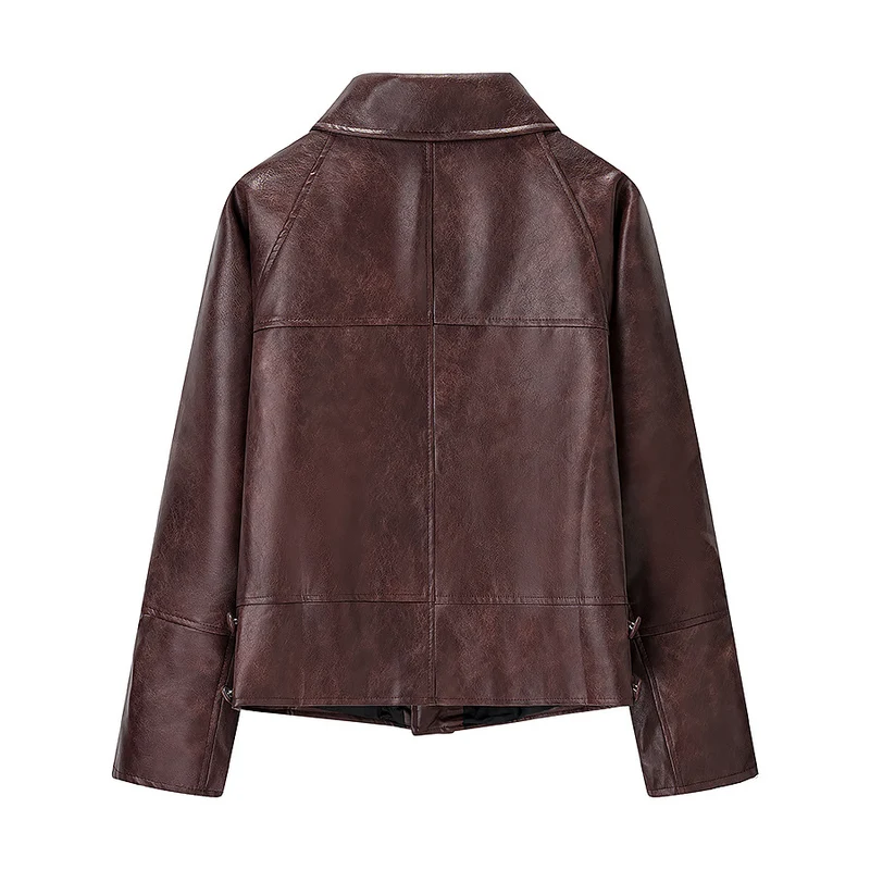 Damen Kurz geschnittene Oversize-Lederjacke mit Rundkragen und Pattentaschen Drune