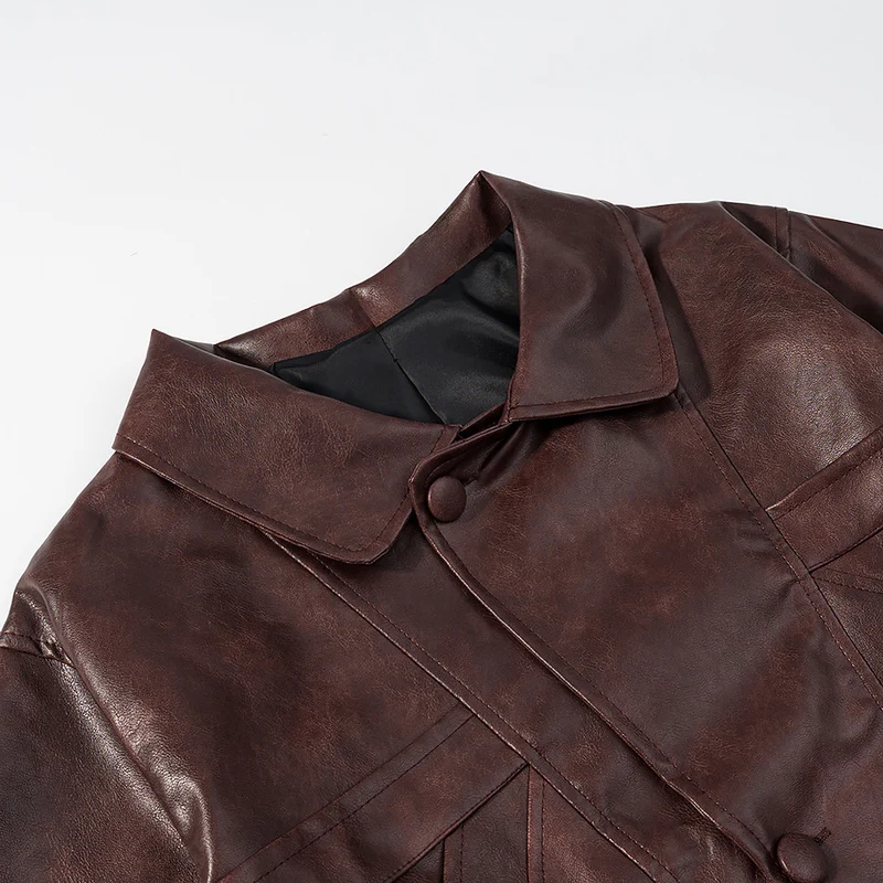 Damen Kurz geschnittene Oversize-Lederjacke mit Rundkragen und Pattentaschen Drune