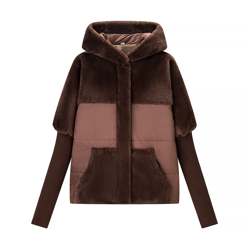 Damen Kurz geschnittene gesteppte Kapuzenjacke mit voluminösem Webpelzbesatz und Oversize‑Silhouette Drune
