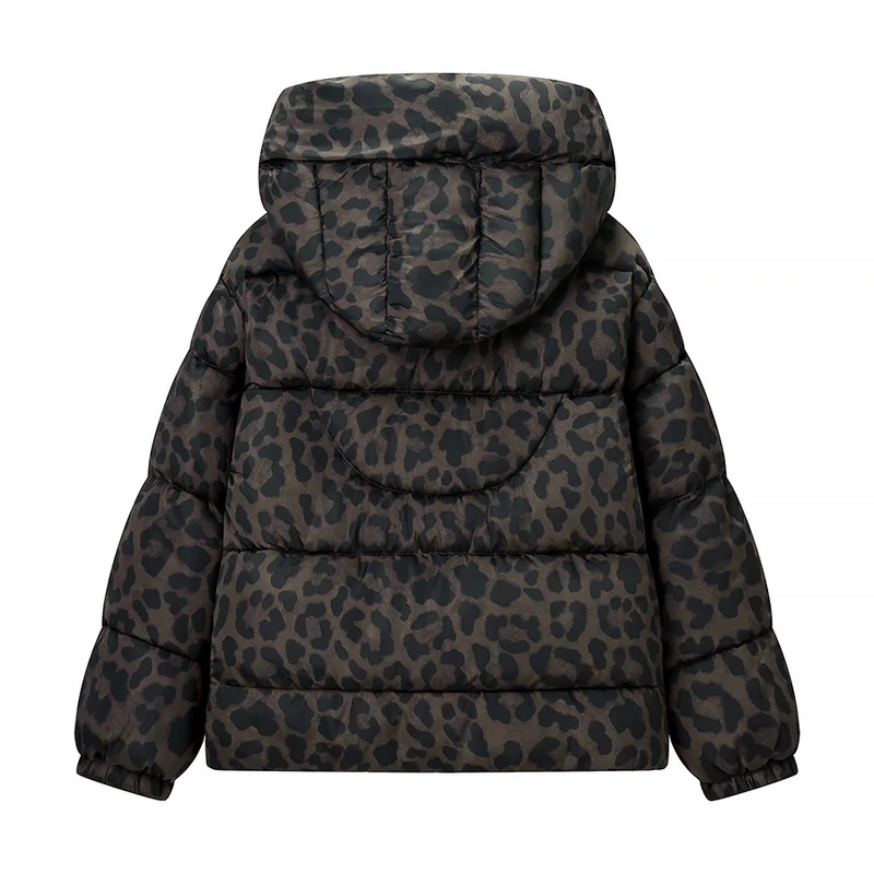 Damen Kurz geschnittene gesteppte Jacke mit hohem Kapuzenkragen, Tunnelzugsaum und Leopardenprint Drune