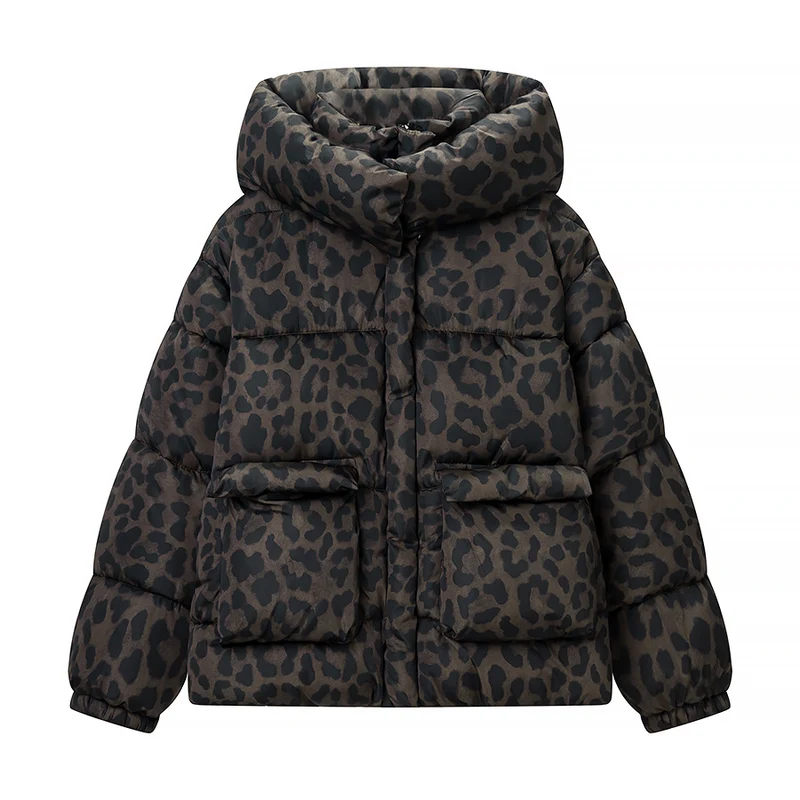 Damen Kurz geschnittene gesteppte Jacke mit hohem Kapuzenkragen, Tunnelzugsaum und Leopardenprint Drune