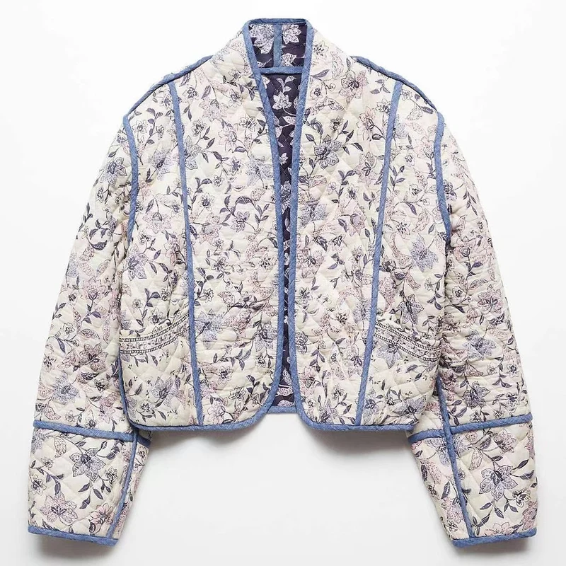 Damen Kurz geschnittene gesteppte Blousonjacke mit floraler Stickerei und Kontrastpaspel Drune