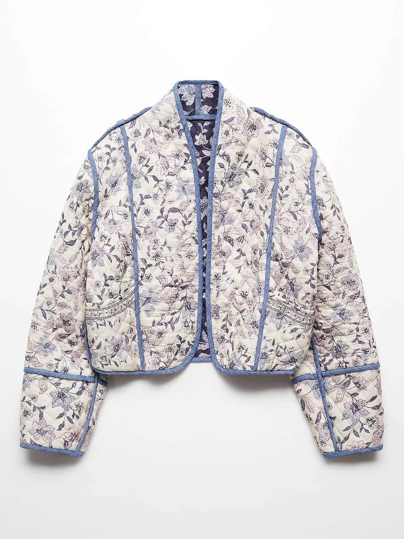 Damen Kurz geschnittene gesteppte Blousonjacke mit floraler Stickerei und Kontrastpaspel Drune