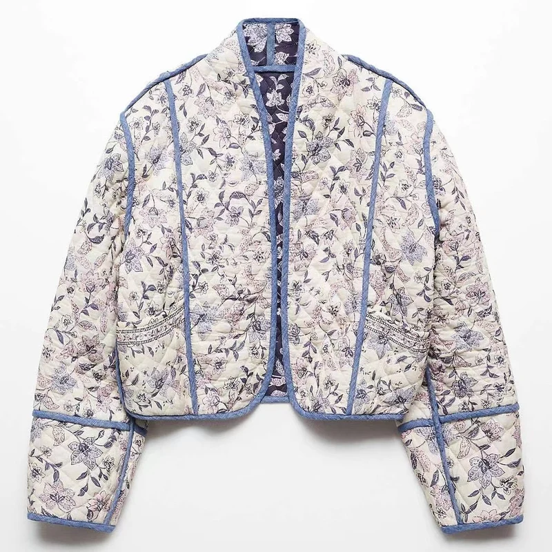 Damen Kurz geschnittene gesteppte Blousonjacke mit floraler Stickerei und Kontrastpaspel Drune