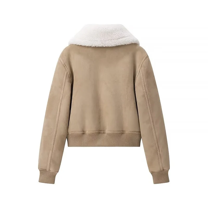 Damen Kurz geschnittene Bomberjacke mit Fake-Shearling-Kragen und Veloursoptik Drune