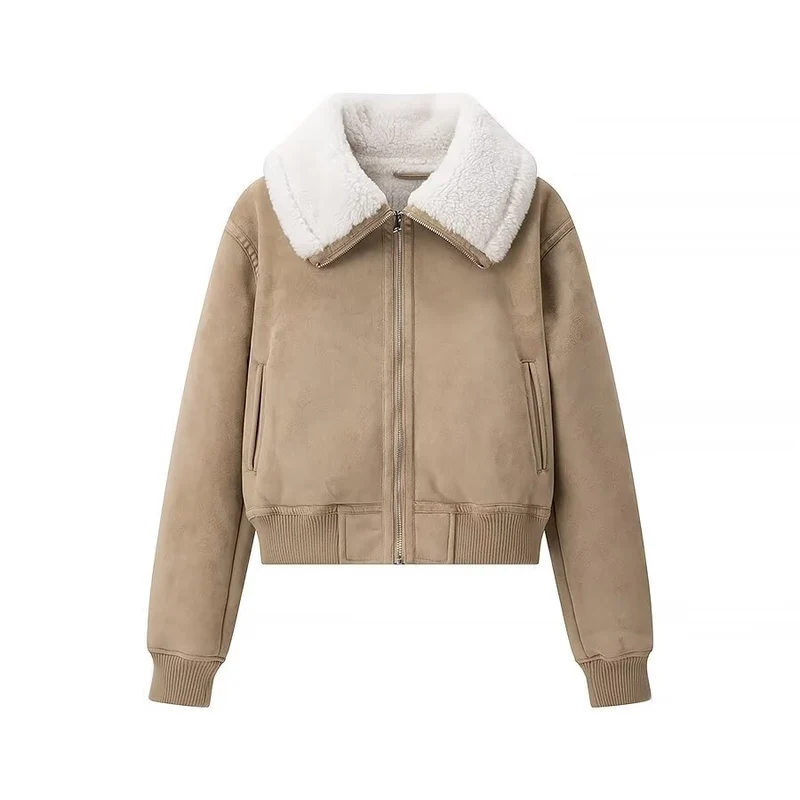 Damen Kurz geschnittene Bomberjacke mit Fake-Shearling-Kragen und Veloursoptik Drune