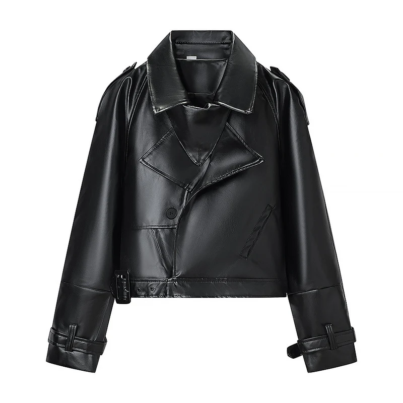 Damen Kurz geschnittene Bikerjacke aus Lederoptik mit asymmetrischer Reversklappe und Taillenriegel Drune