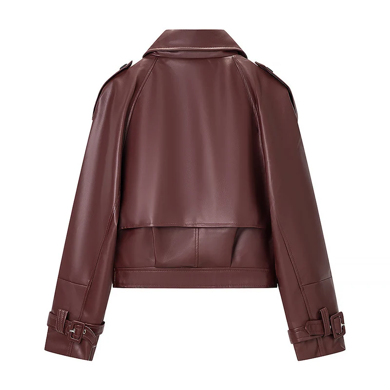 Damen Kurz geschnittene Bikerjacke aus Lederoptik mit asymmetrischer Reversklappe und Taillenriegel Drune