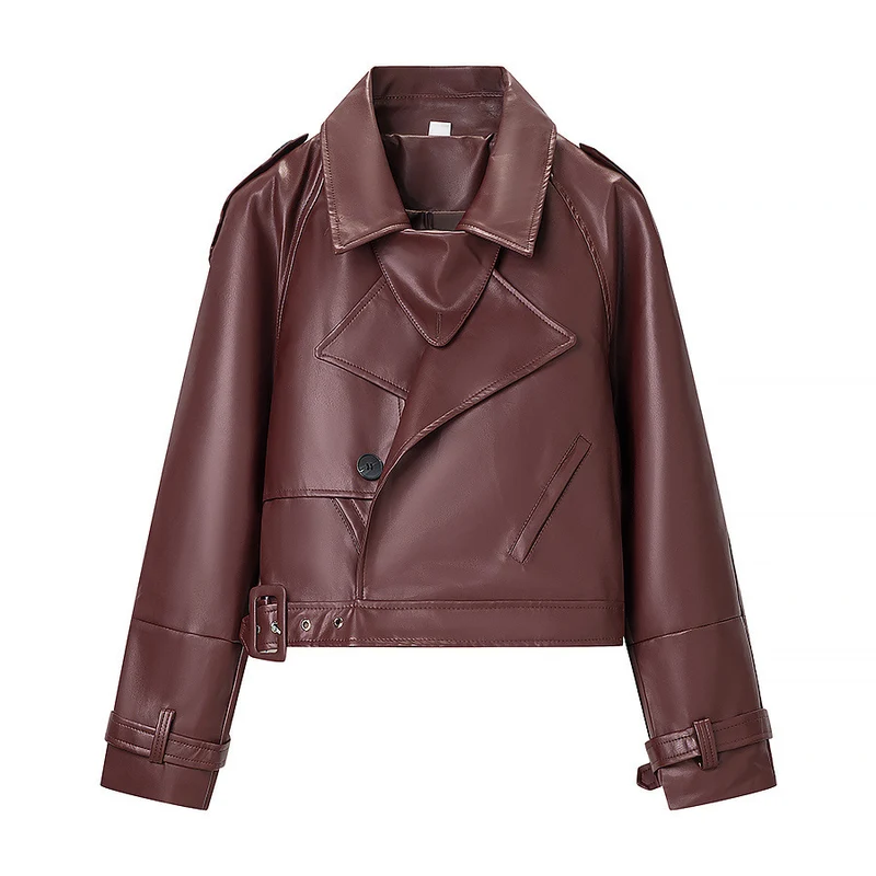 Damen Kurz geschnittene Bikerjacke aus Lederoptik mit asymmetrischer Reversklappe und Taillenriegel Drune