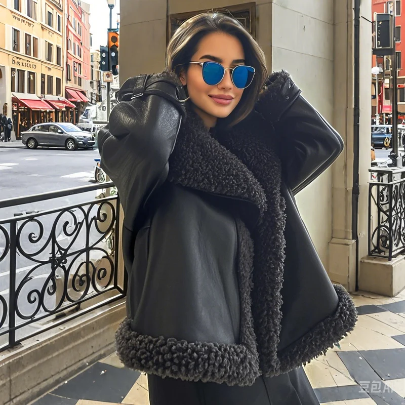 Damen Kurz geschnittene Aviator-Lederjacke mit Teddyfutter, großem Kragen und Oversize-Silhouette Drune