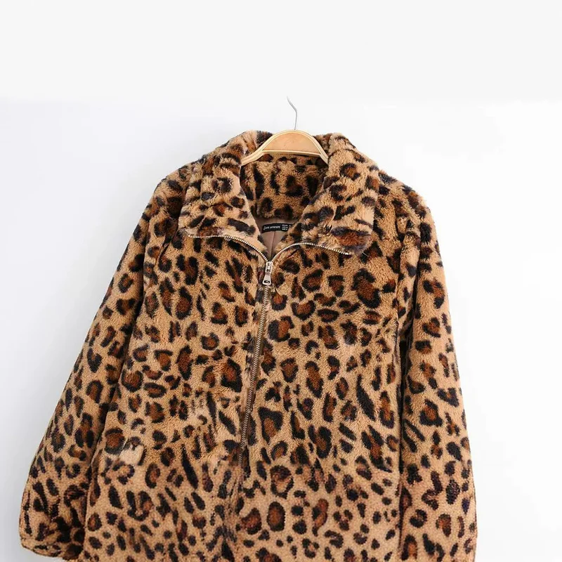 Damen Kunstfelljacke mit Leopardenmuster, durchgehendem Reißverschluss und elastischem Saum Drune