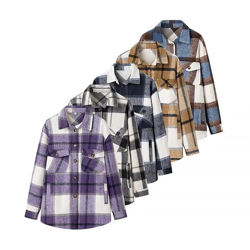 Damen Karo-Übergangs‑Shacket aus weichem Flanell mit aufgesetzten Brusttaschen Drune