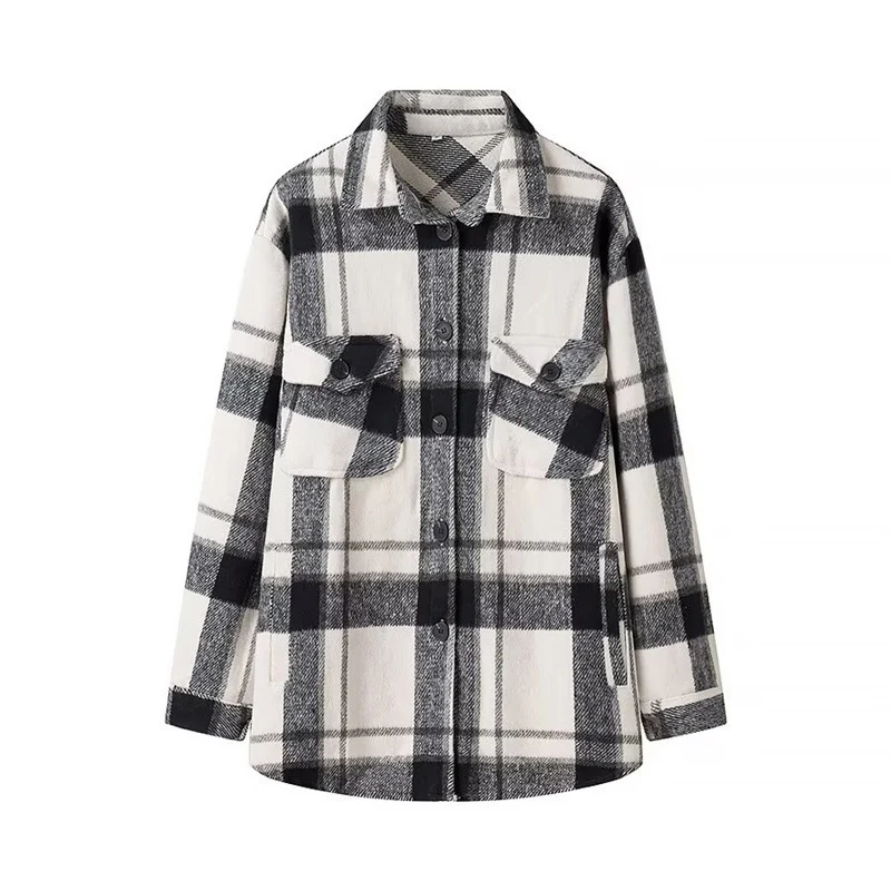Damen Karo-Übergangs‑Shacket aus weichem Flanell mit aufgesetzten Brusttaschen Drune