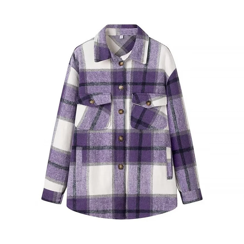 Damen Karo-Übergangs‑Shacket aus weichem Flanell mit aufgesetzten Brusttaschen Drune