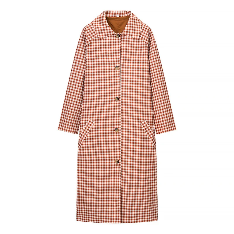 Damen Karo-Trenchcoat mittellang mit Knopfleiste und kontrastgefütterten Manschetten Drune