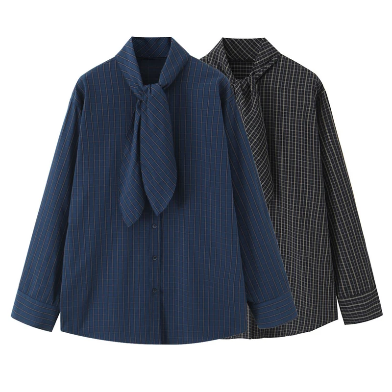 Damen Kariertes Blusenshirt mit Schluppe und weiter Passform Drune