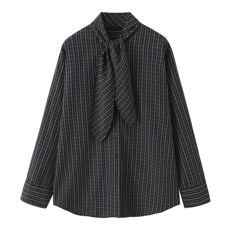 Damen Kariertes Blusenshirt mit Schluppe und weiter Passform Drune