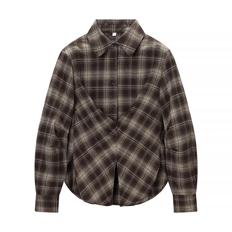 Damen Kariertes Baumwollhemd mit Wickel‑Drapierung und Oversize‑Silhouette Drune