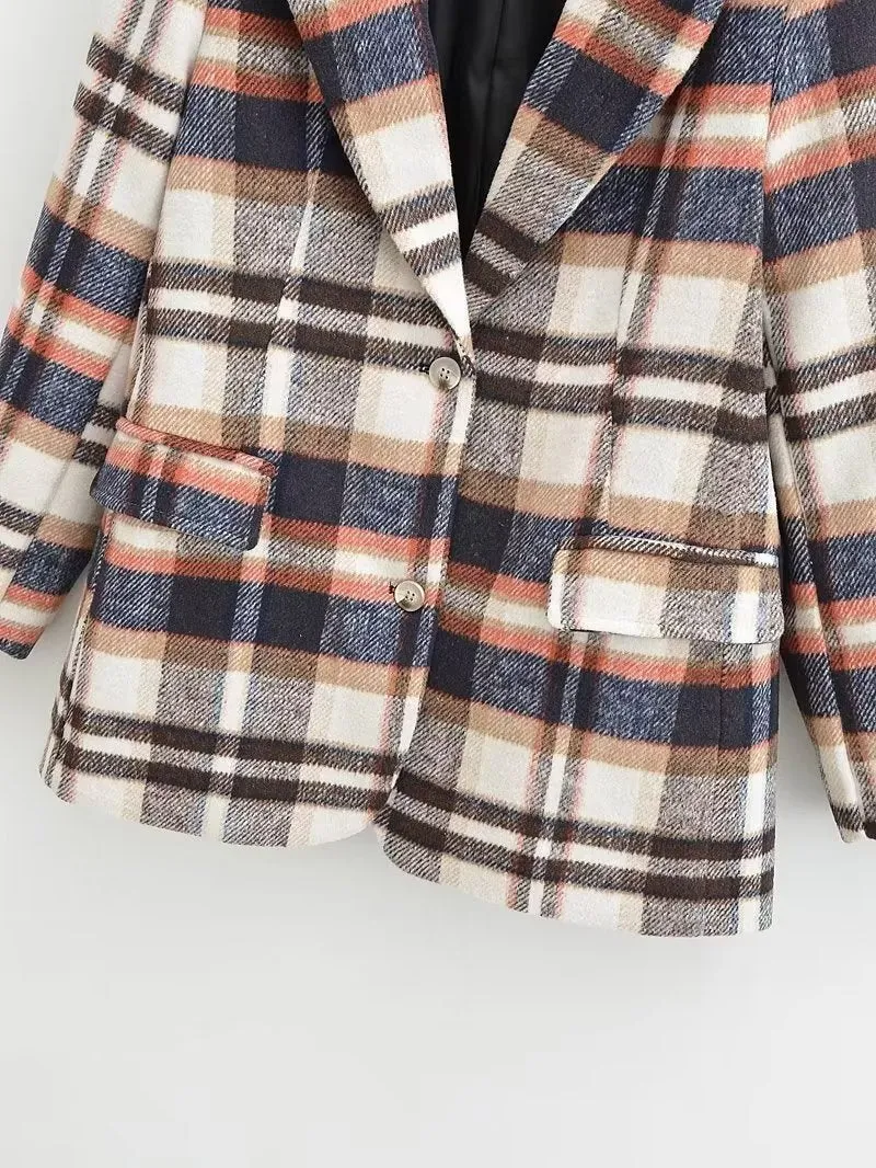 Damen Karierter Wollmix-Einreiher Blazer mit Reverskragen und Pattentaschen Drune