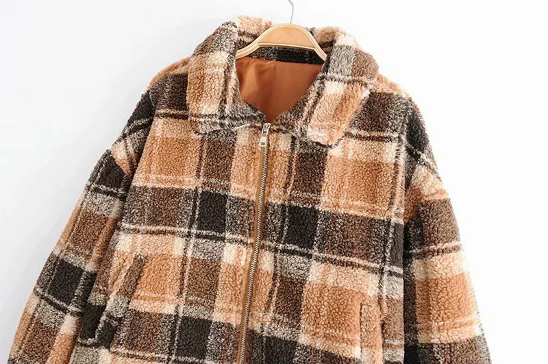 Damen Karierte Teddyjacke mit Reißverschluss, Oversize‑Schnitt und Kunstfellfutter Drune