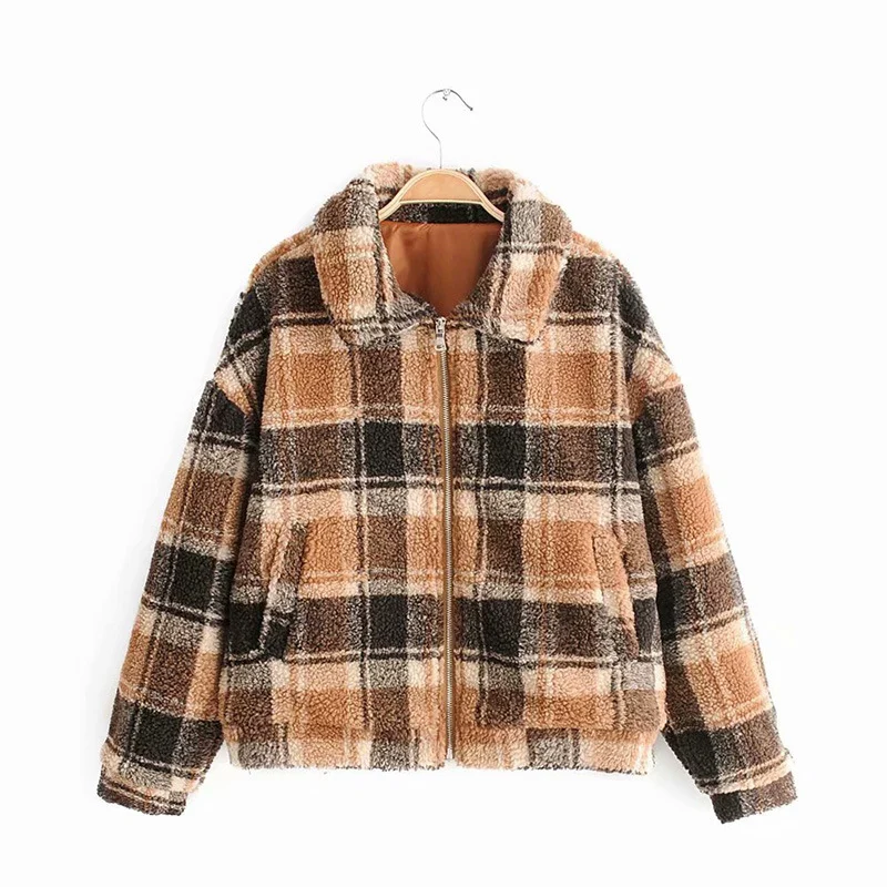 Damen Karierte Teddyjacke mit Reißverschluss, Oversize‑Schnitt und Kunstfellfutter Drune