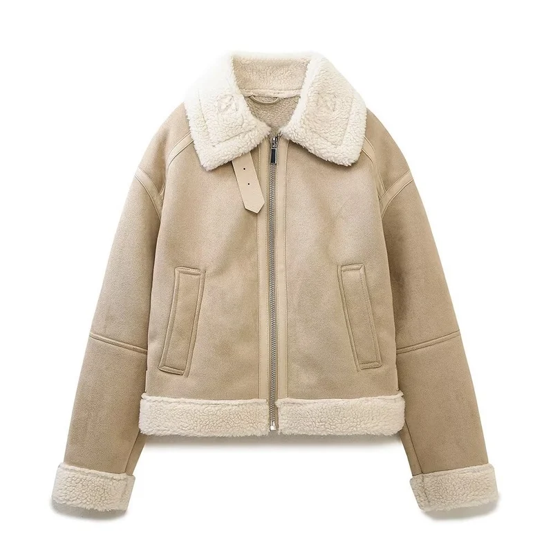 Damen Hochgeschnittene Pilotjacke aus veganer Lederoptik mit Teddyfutter und Reißverschluss Drune