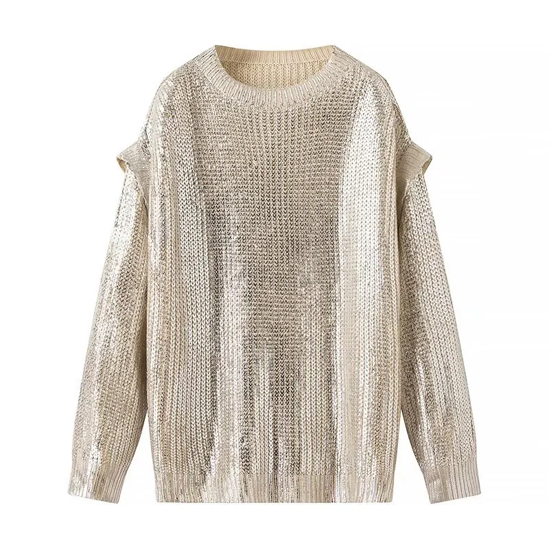 Damen Glänzender Oversize-Strickpullover mit Schulter-Cutouts Drune