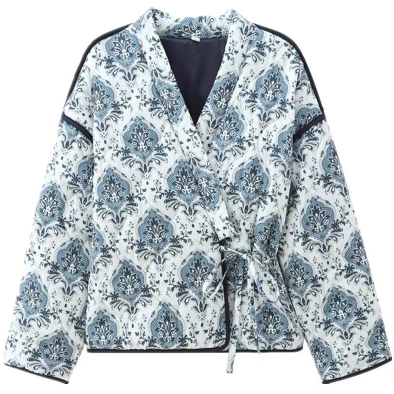 Damen gewattete Kimono-Jacke mit Taillengürtel und ornamentalem Print Drune