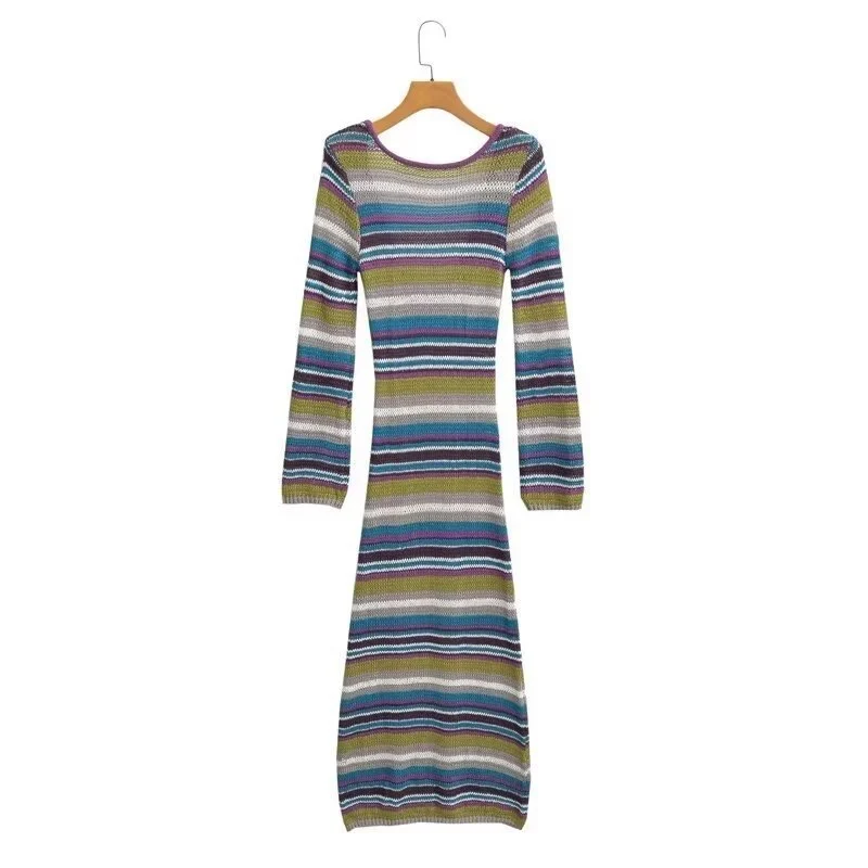 Damen Gestreiftes Rippstrick-Maxikleid mit Rundhalsausschnitt und figurbetonter Silhouette Drune