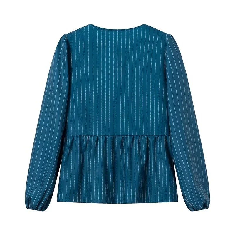 Damen Gestreifte Peplum‑Bluse mit vorderer Schnürung und langen Ballonärmeln Drune