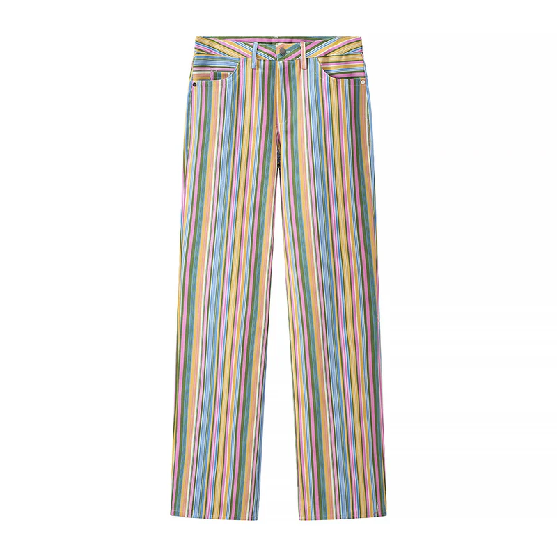 Damen Gestreifte gerade geschnittene Hose mit hoher Taille und Fünf-Taschen-Schnitt Drune