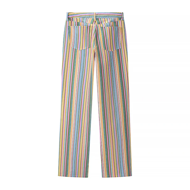 Damen Gestreifte gerade geschnittene Hose mit hoher Taille und Fünf-Taschen-Schnitt Drune