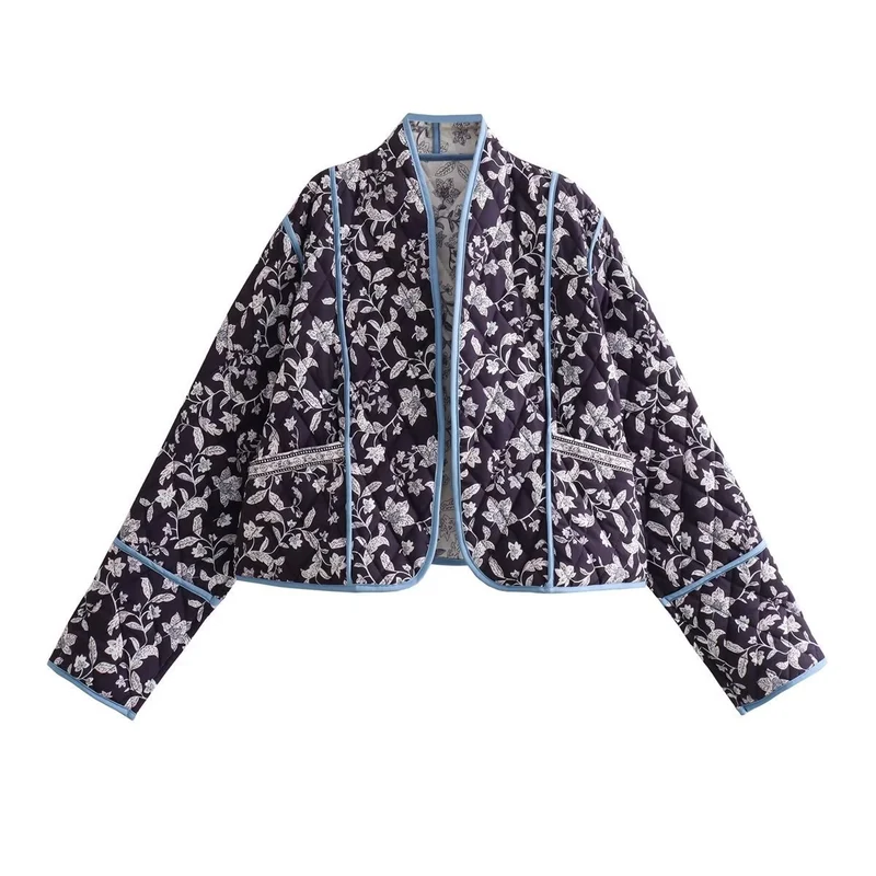 Damen Gestepptes Cropped-Steppjacke mit floralem Allovermuster und kontrastierender Paspelierung Drune