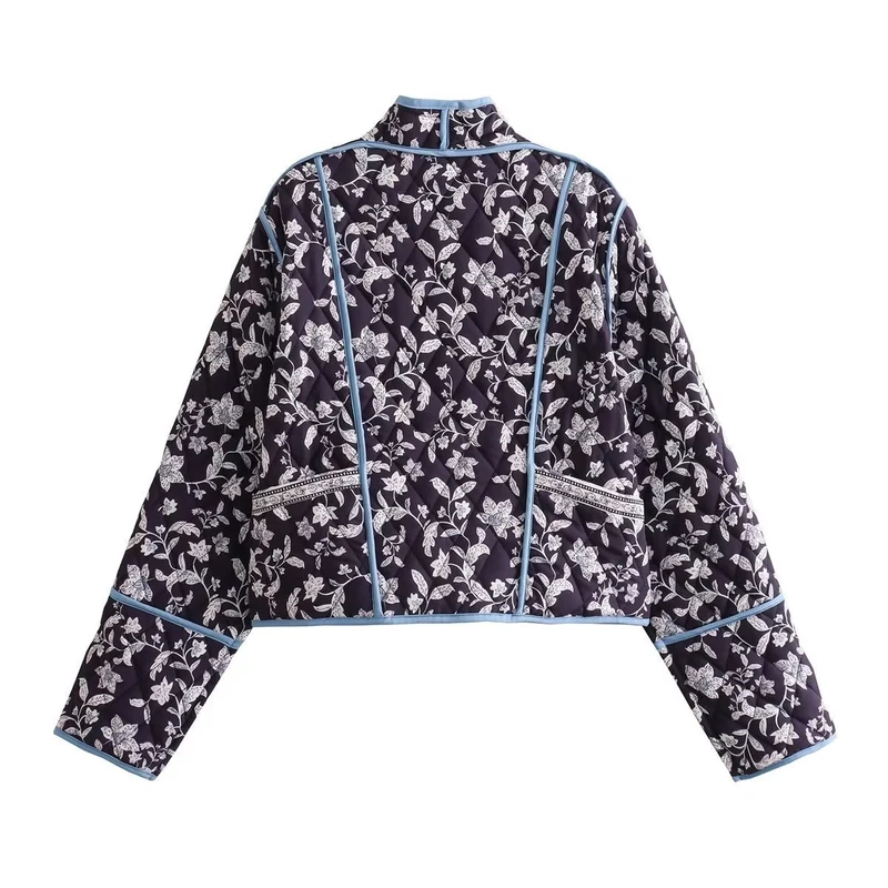 Damen Gestepptes Cropped-Steppjacke mit floralem Allovermuster und kontrastierender Paspelierung Drune