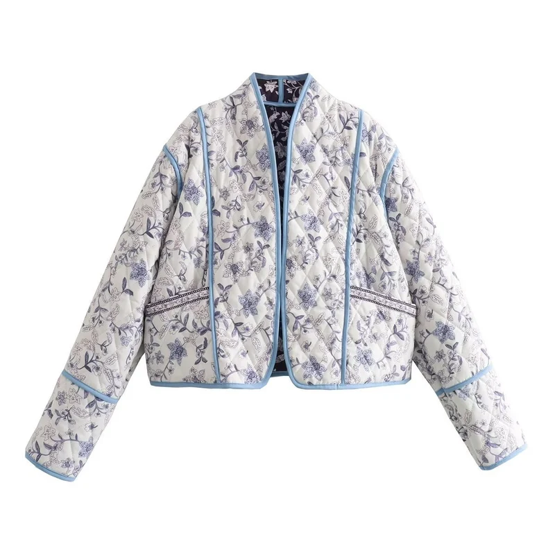 Damen Gestepptes Cropped-Steppjacke mit floralem Allovermuster und kontrastierender Paspelierung Drune