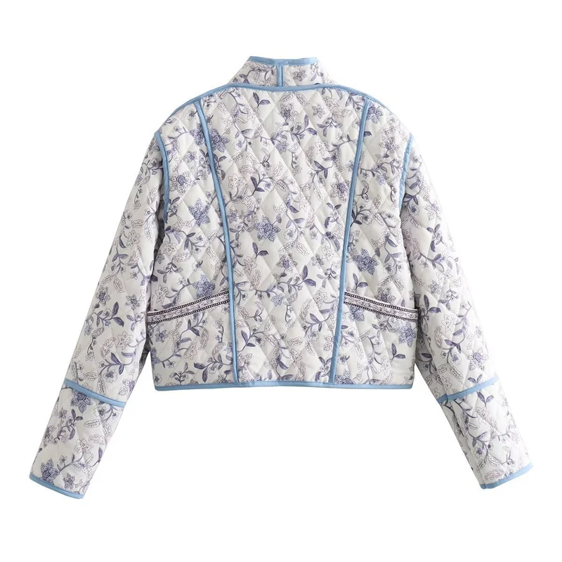 Damen Gestepptes Cropped-Steppjacke mit floralem Allovermuster und kontrastierender Paspelierung Drune
