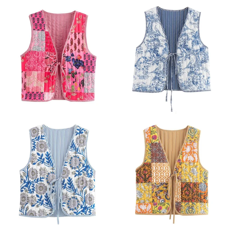 Damen Gesteppte Weste mit Toile‑Print, gestreifter Innenverarbeitung und Kordelbindung Drune