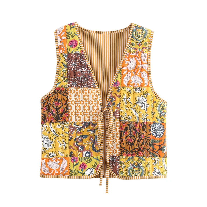 Damen Gesteppte Weste mit Toile‑Print, gestreifter Innenverarbeitung und Kordelbindung Drune