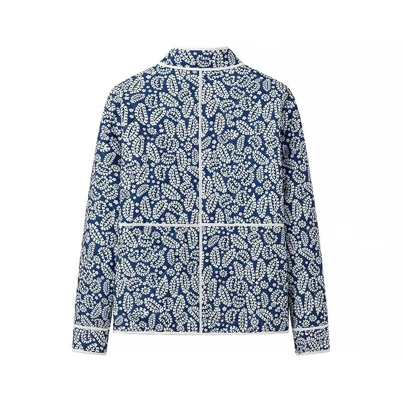 Damen gesteppte Übergangsjacke mit Stehkragen, Paisley‑Print und Kontrastpaspel Drune