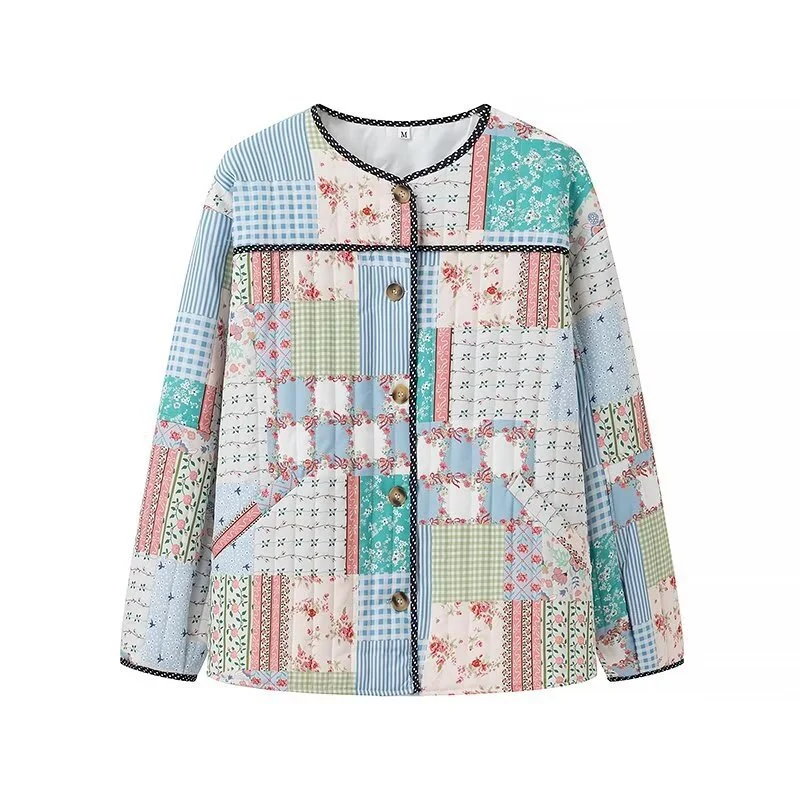 Damen gesteppte Patchwork-Quiltjacke mit Rundhalsausschnitt, Zierborte und Frontknöpfen Drune