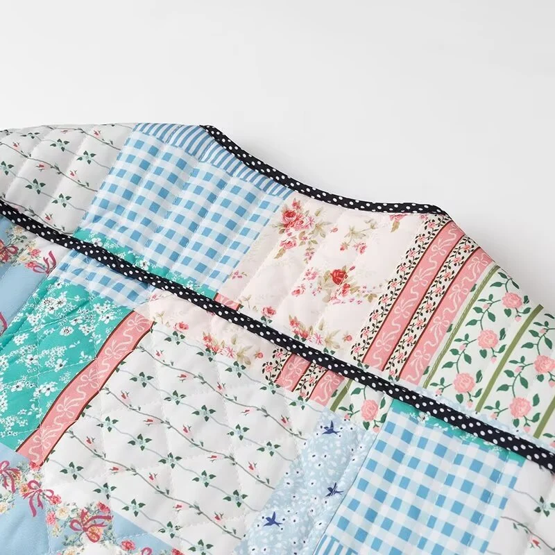 Damen gesteppte Patchwork-Quiltjacke mit Rundhalsausschnitt, Zierborte und Frontknöpfen Drune