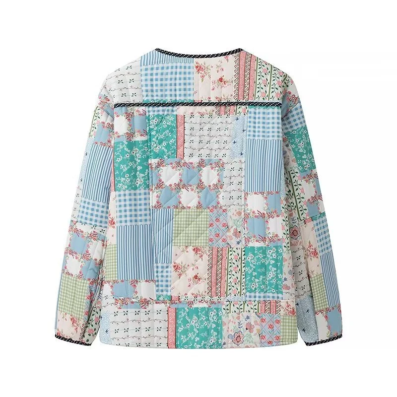 Damen gesteppte Patchwork-Quiltjacke mit Rundhalsausschnitt, Zierborte und Frontknöpfen Drune