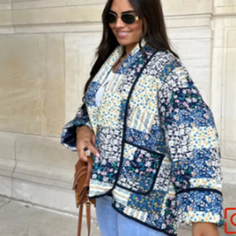 Damen Gesteppte Patchwork-Quiltjacke mit Kontrastpaspel und aufgesetzten Taschen Drune